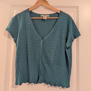 Requirements Openwork Knit V-Neck Teal Cardigan Size XL